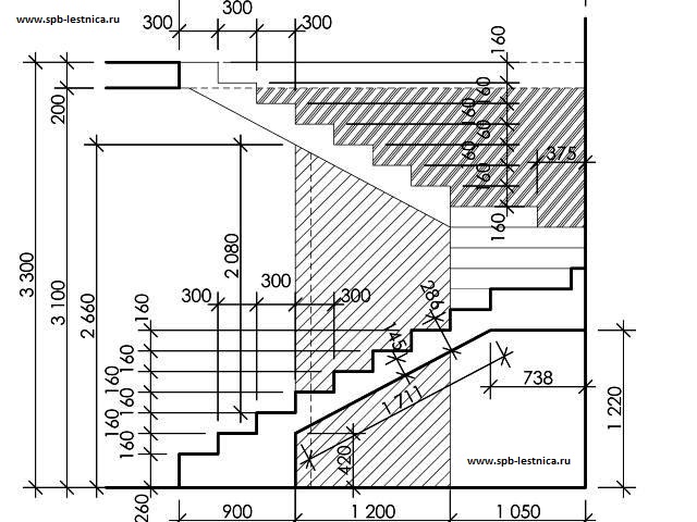 чертежи бетонной лестницы на 180 градусов с поворотными ступенями